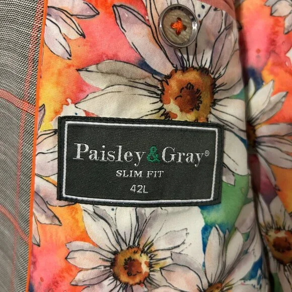 Mens PAISLEY & GRAY Sz 42L Gray & Peach Plaid Slim Fit Suit Jacket Sport Coat - Picture 10 of 13